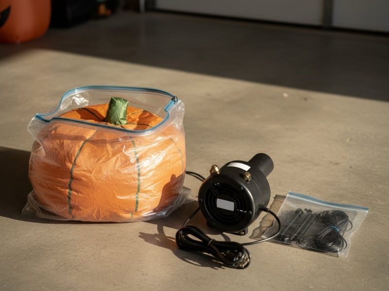 AI-generated illustration of a deflated orange pumpkin inflatable folded into a clear zip bag on a garage floor, beside its black blower fan, coiled cord, and a small bag of stakes and tether cords