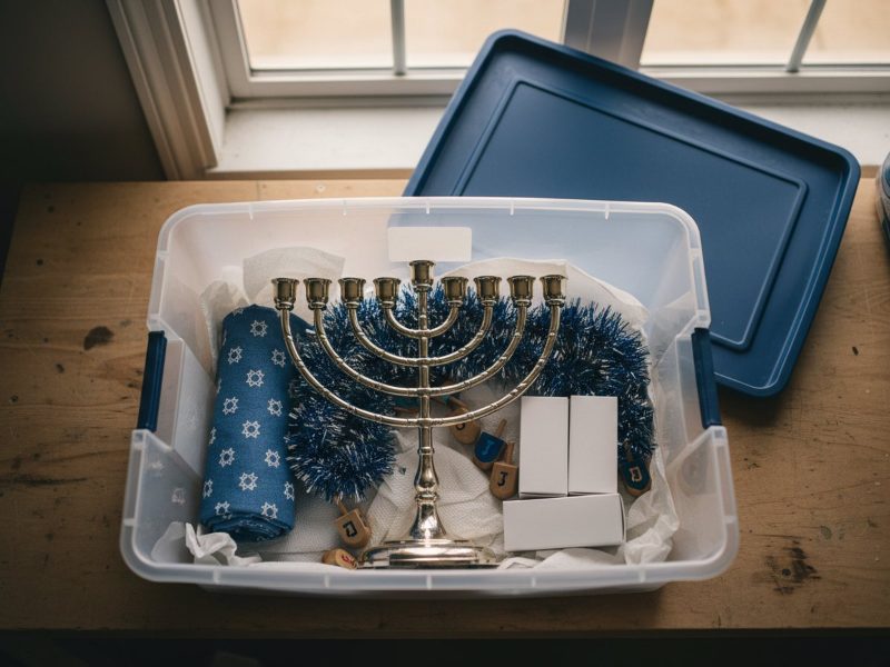 AI-generated illustration of an open clear tote with a blue lid: a brass nine-branch menorah on white tissue, three small boxes of blue candles, wooden dreidels, blue tinsel garland and a folded blue table runner with a Star of David pattern