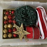 Top-down photo of Christmas decorations inside an open holiday tote